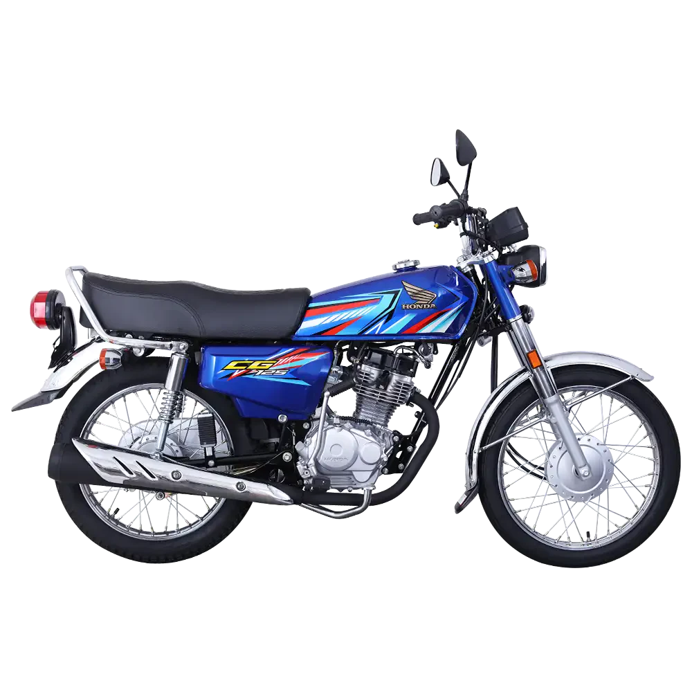 Blue Honda CG125 motorcycle, side view